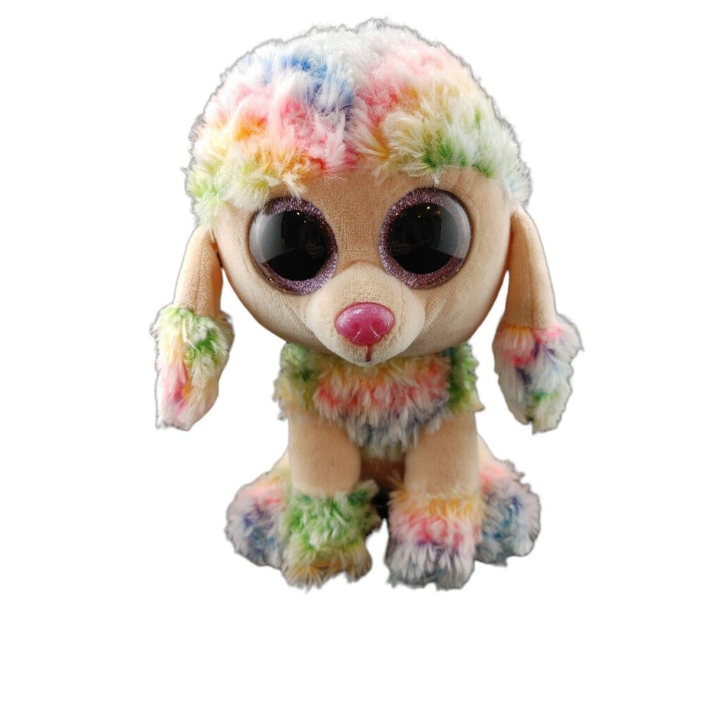 Ty Beanie Boos Rainbow The Poodle 10 Inch Plush Tie Dye Dog Glitter Eyes Toy